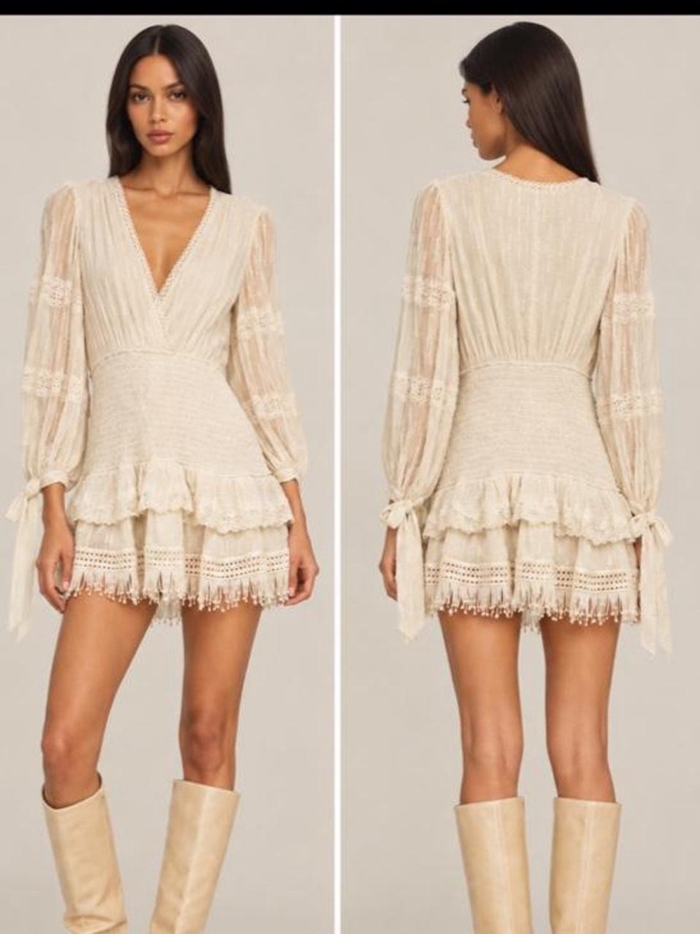 Rococo Sand Cream Lace-Trim Mini Dress